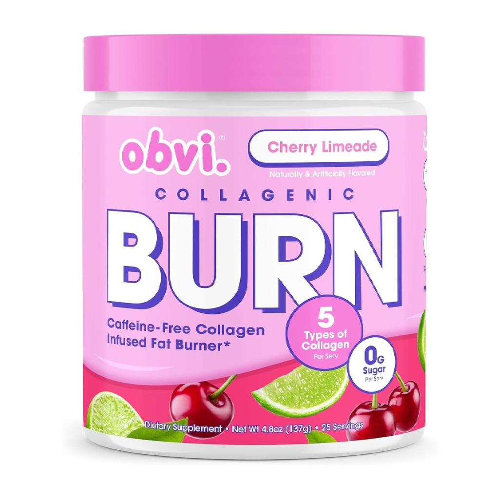 Obvi Collagenic Burn Powder 126; Collagen Peptide Blend dengan GBB, Ashwagandha & Green Coffee 124; Boosts Metabolisme, Energy, and Wellness 124; Supports Skin, Hair, Nails, Joints Ath4; Cherry Limeade 25 Servings