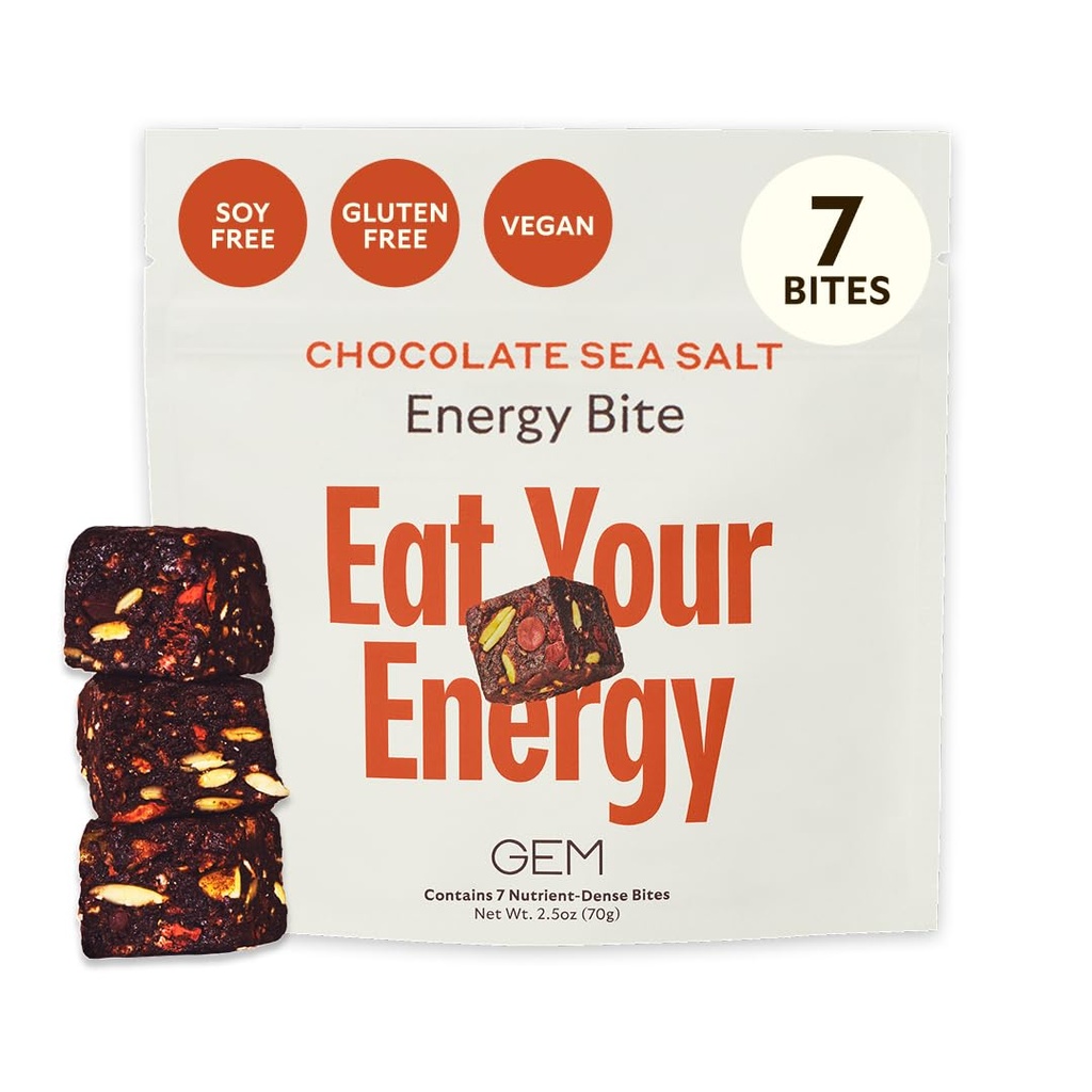 GEM Energy Caffeinated Bite 124; Holistic Sustained Energy 124; Support Metabolisme, Stamina & Endurance 14; 40mg Caffeine, Ginseng Root, L- Theanine 124; Chocolate Sea Salt Achao