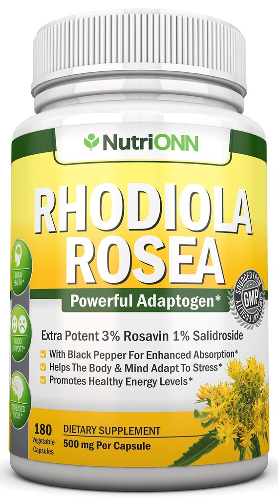 Rhodiola Rocea - 500mg - 180 Vegan Capsules - 3% Rosavin 1% Salidroside Ekstraksi - Non-GMO - dengan Pepper Hitam untuk Enhanced Absorpsi - 6 Bulan Suppplemen Energi & Stamina