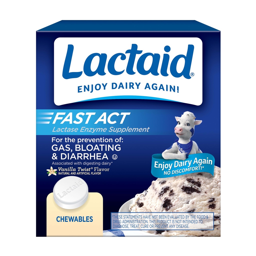 Lactaid Fast Act Laktosa Intoleransi Relief Chewables with Natural Lactase Enzyme to Prevent Gas, Bloating & Diare Because to Laktosa Sensitivity, On- the Go, Vanilla Twist Flavor, 60 x 1 ct