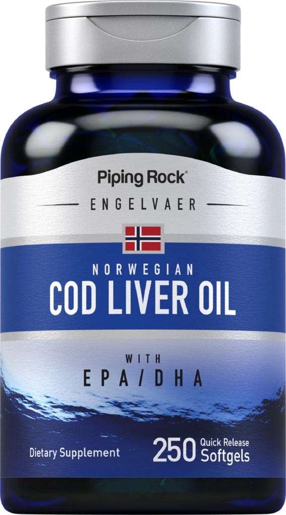 Piping Rock Cod Liver Oil Softgeels 124; 250 Count 124; dengan EPA DHA 124; Engelvaer Norwegia 124; Non-GMO, Gluten Free Supplemen