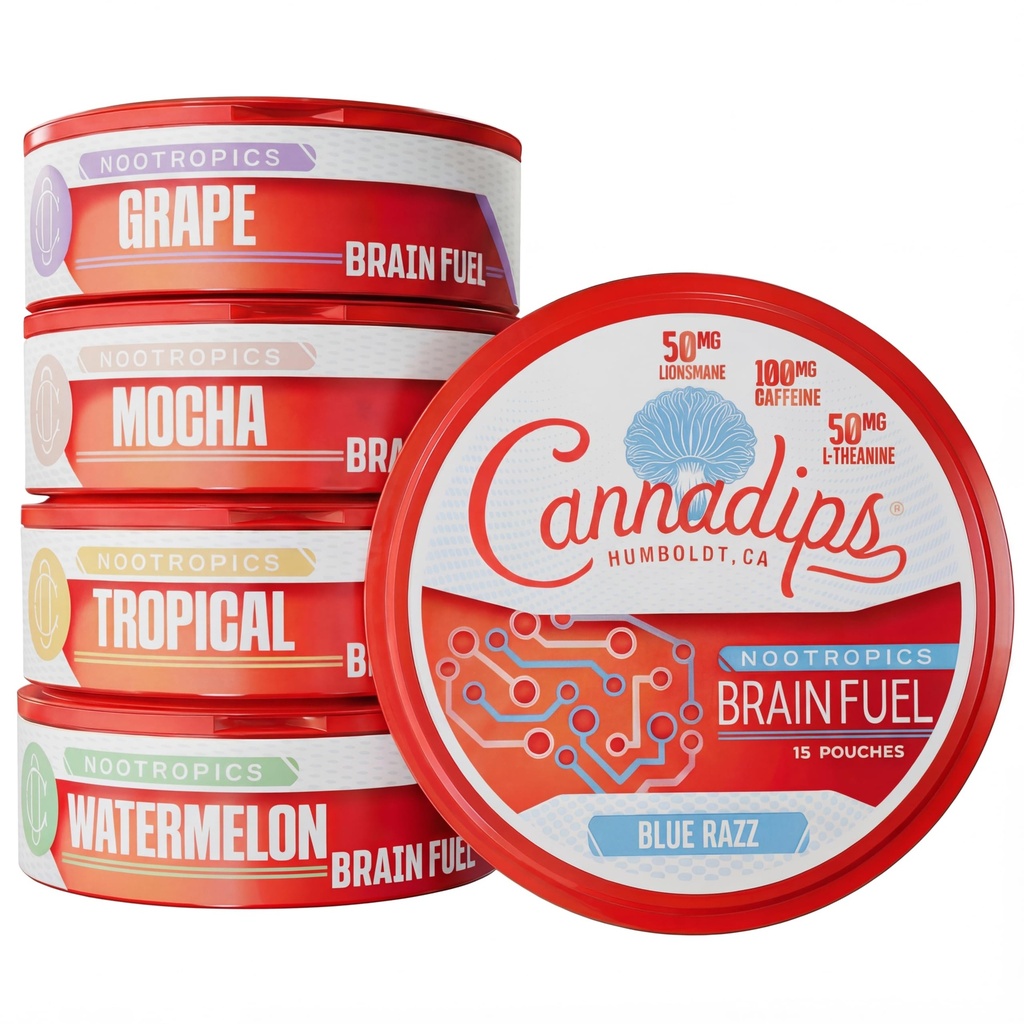 Cannadips - Brain Fuel Variety Pack - Nootropic Caffeine Pouches - 50mg Lion Mane, 100mg Caffeine, 50mg L- Theanine, No Sugar - Clean Energy Brain Fuel for Cognitive Performance, Made USA (5- Pack)