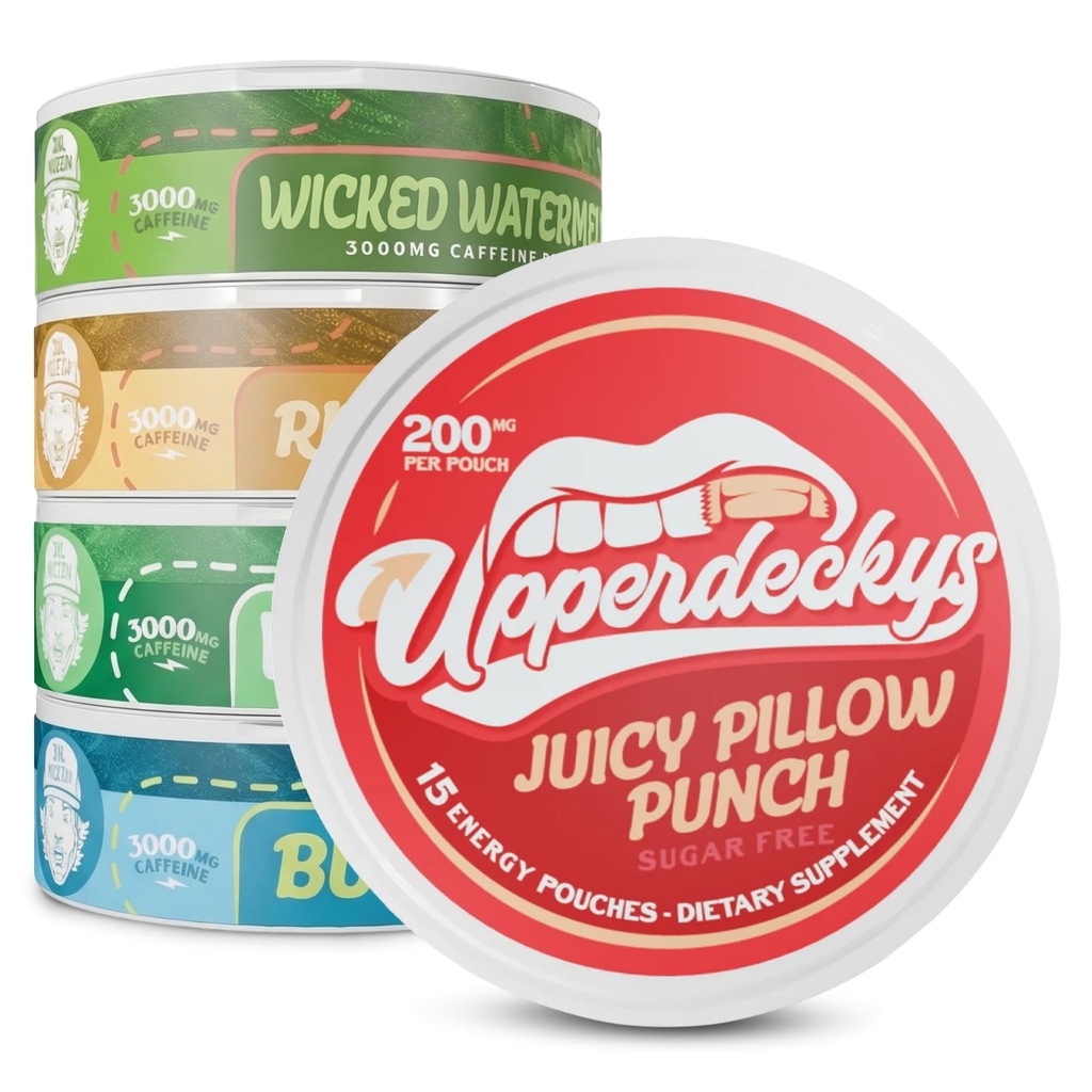 Upperdeckys Caffeine Energy Pouches - 200mg Caffeine Suplemen Energi dan Fokus - Multip- Paket Suplemen Gym Bebas untuk Pria & Perempuan - Tanpa Jitters, Tanpa Kecelakaan & Dip Alternatif - 5 Pack