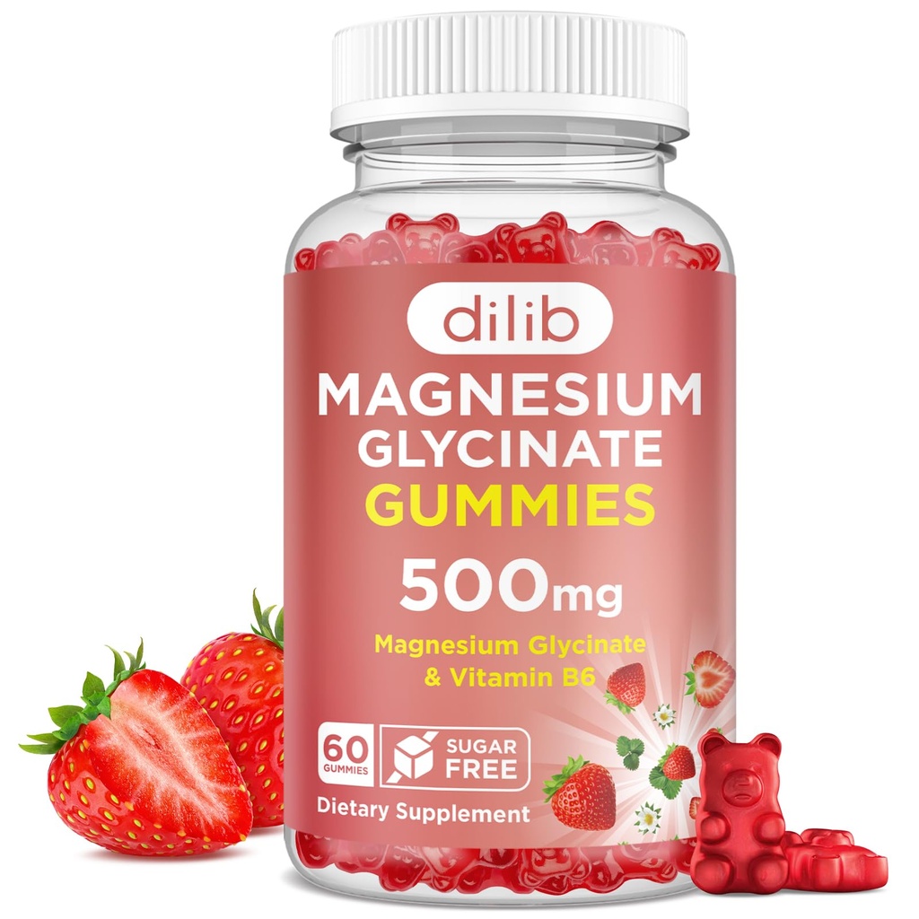 Magnesium Glycinate Gummies 500mg - Magnesium Tambahan dengan Vitamin B6 untuk Dewasa & Magnesium untuk Anak - Tenang Magnesium untuk Tidur, Mood, Dukungan Muscle - Strawberry Flavor, 60 Gummies