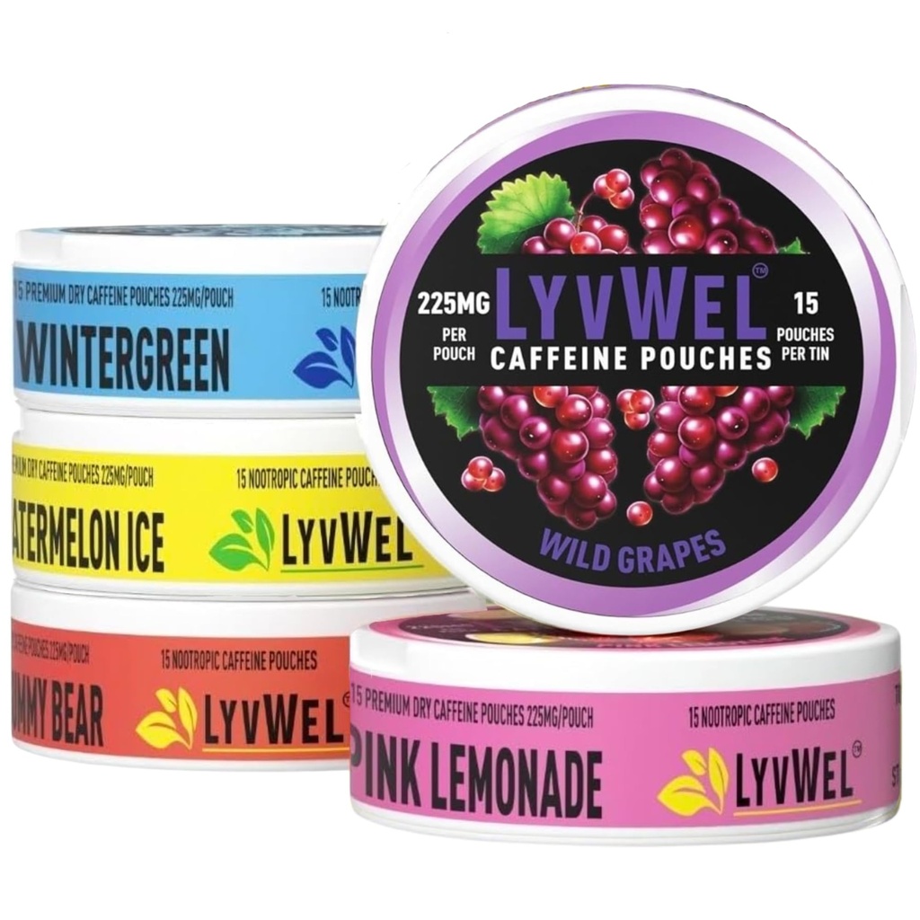 LyvWel 225mg Caffeine Energy Pouches 1124; Nootropic Focus & Neuro Duck £124; Tobacco-Free, Nicotine- Free, Quick Energy Solution 124; 5- Pack: 60 Pouches (5 Pack, Multi-Pack)