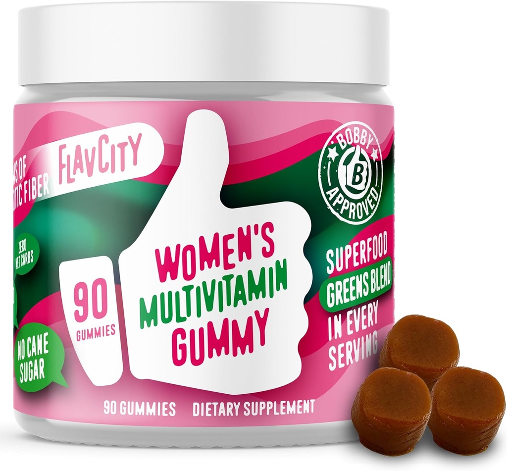 FlavCity Women Multivitamin Gummy - Daily Multivitamin Gummies for Women - Premium Vitamin, Minetratic & Prebiotic Fiber - No Cane Sugar atau Benih Oil - Organic Wheatgrass, Moringa & More (90 Gummies)