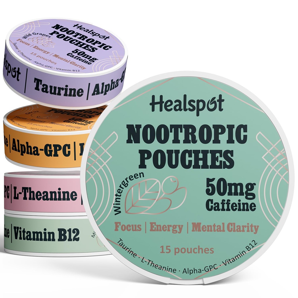 Pouches Caffeine Nootropic, Pouches Energi dengan 50mg Caffeine 124; Taurine 124; Vitamin B12; Alpha--GPC 124; L-Theanine, Fokus dan Suplemen Paket Energi 5 Flavors