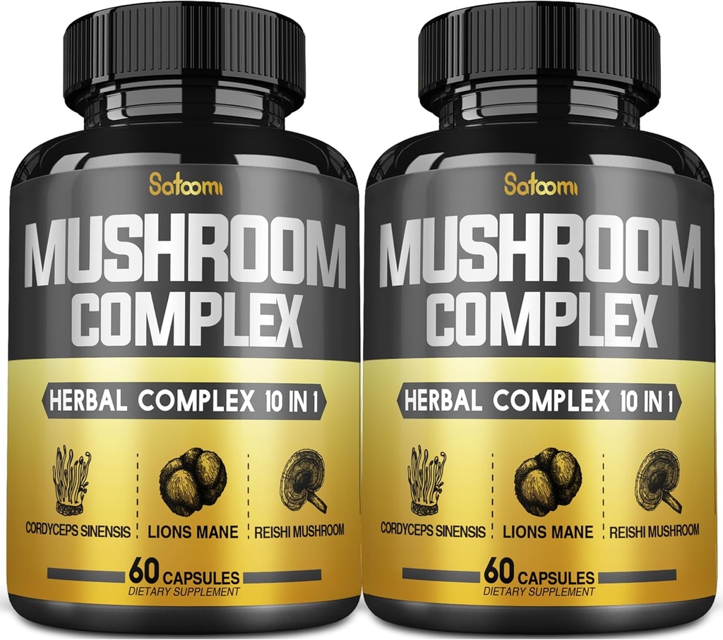 Satoomi 10in1 Mushroom Suplemen Kapsul - 4 Bulan Supply - Terikat dengan Lions Mane, Cordyceps, Reishi, Chaga, Maitake, Shitake & Lainnya - 2 Paket 60 Kapsul