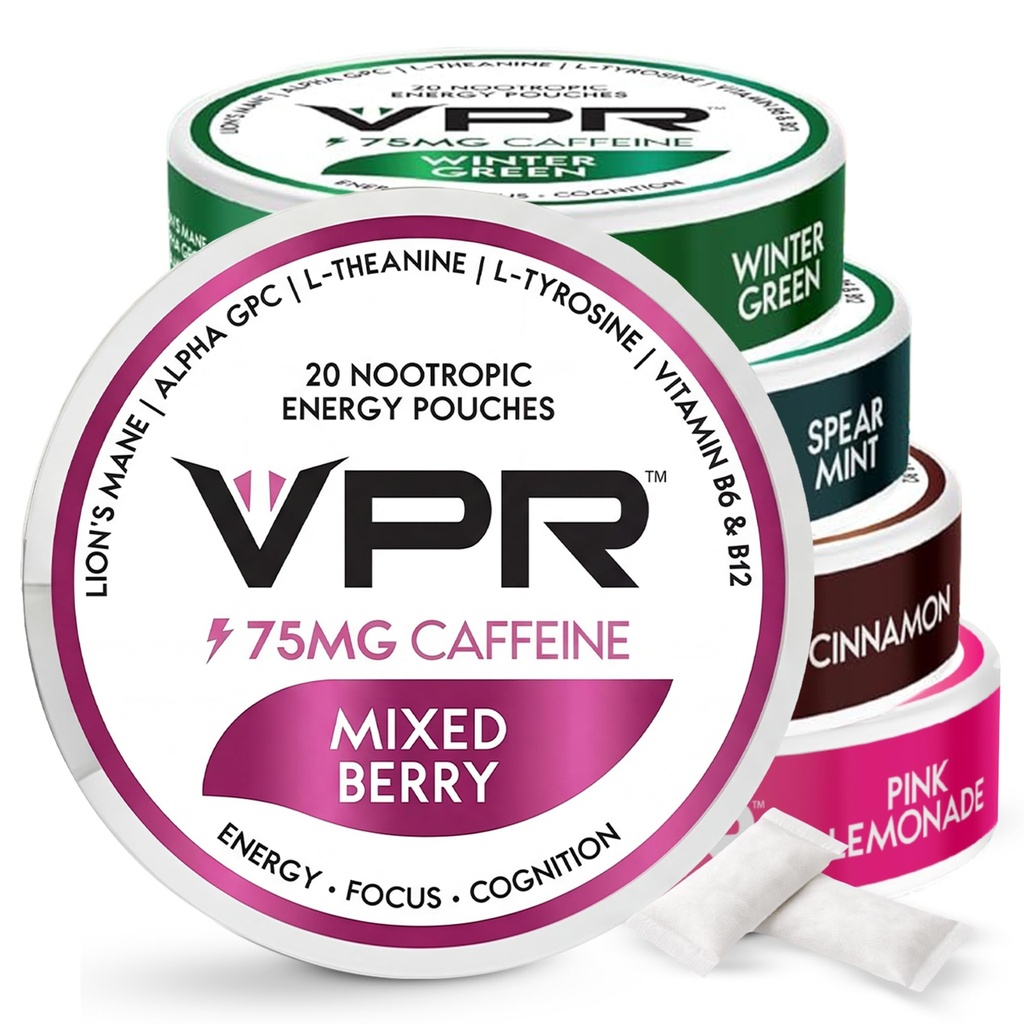 VPR 75mg Caffeine Nootropic Pouches 126; 20 Count Energy Pouches dengan Lion 's Mane, Alpha- GPC, Vitamin B6 & B12, L- Theanine, dan L-Tyrosine 124; Tentunya Flavored Focus Pouches dengan No Sugar 124; Variety Pack