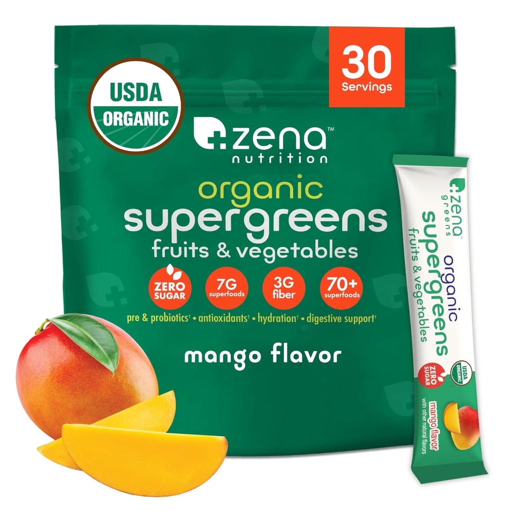 Zena Nutrition Organic Super Greens Powder, 70 + Superfood, 0 Sugar, 3G Fiber, Spirulina, Chlorella, Mushrooms, Pregories / Progrency, Digetical Enzimes for Gut Health, Mango, 30 Drink Mix Packets