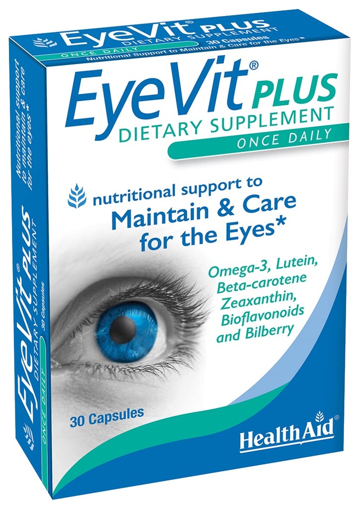 EyeVit Plus - Once-Daily Eye Supplement: 124; 30 Capsules 124; Berisi Omega-3, Lutein, Beta- Carotene, Alaxanthin, Bioflavonoid & Bilberry