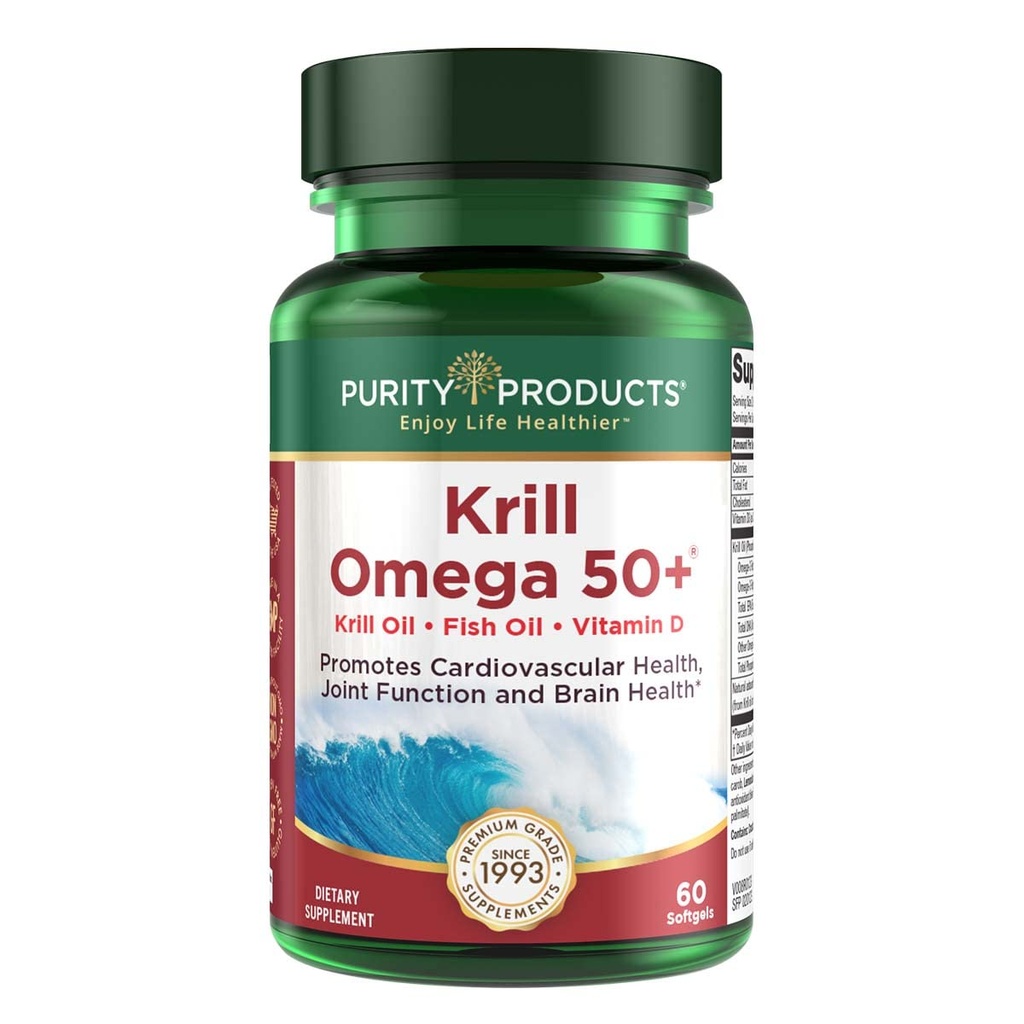 Purge Products Krill Omega 50 (Krill + Fish Oil Blend 1000mg + Astaxanthin 500mcg + Phospholipids 200mg + Vitamin D 500 IU) - 60 Mini Softgels