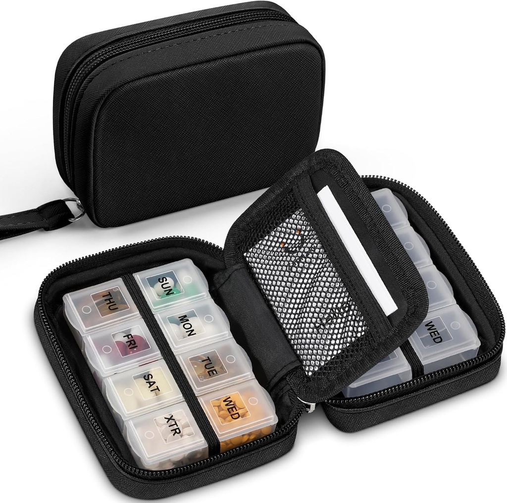 Zannaki Cute Pill Organizer untuk Purse dengan Two Removable 7- Day Pill Box, Travel PU Leather Pill Case, Portable Weekly Pill Container with Storage Bag to Hold Vitamin, Fish Oils, Suplemen (Hitam)