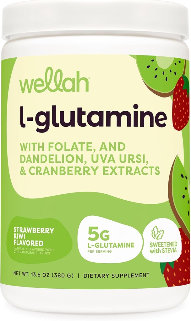 Wellah L-Glutamine Powder Strawberry Kiwi (50 Pelayan) - 5g L- Glutamine Per Serving, Sweetened dengan Stethia