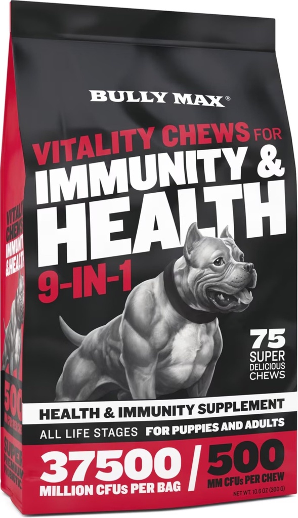 Bully Max Dog Chews & Multivitamin Treats for Puppy & Adult Dogs - 75 Soft Chews, Dog Suplemen & Vitamin untuk All Breeds - Skin, Coat, Brain, Heart, Digetical Health, Imunity, Gabungan Dukungan