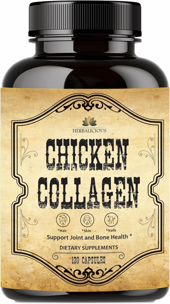 Herballious Chicken Collagen Capsules - Collagen Suplemen Gabungan, Skin & Bone Dukungan - Collagen Peptides dari Chicken Bone Broth - Non-GMO, Anti- Aging - 120 Capsules