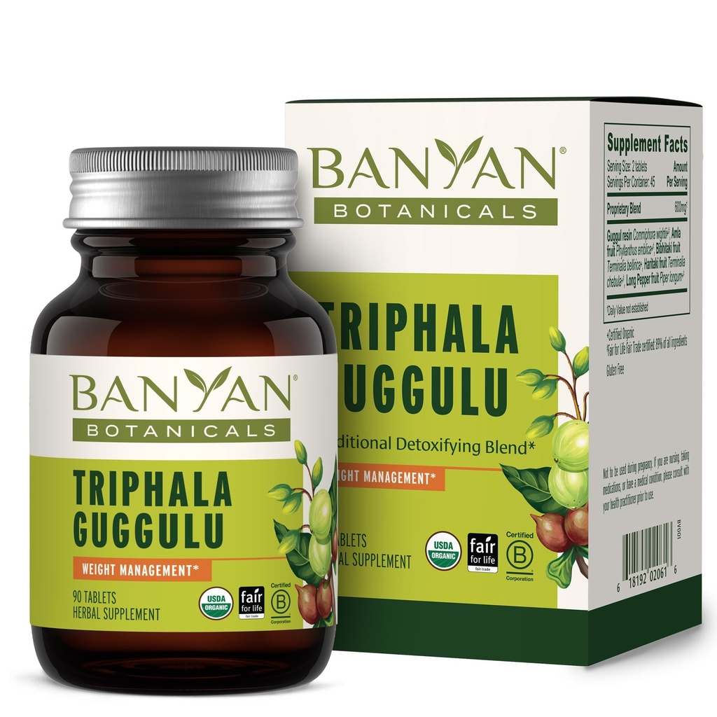 Banyan Botanicals Triphala Guggulu - Organik Triphala Suplemen dengan Guggulu Resin - Herbal Detox Support for Supporting Healthy Ditraffic * - 90 Tablets - Non-GMO Desurinced Vegan
