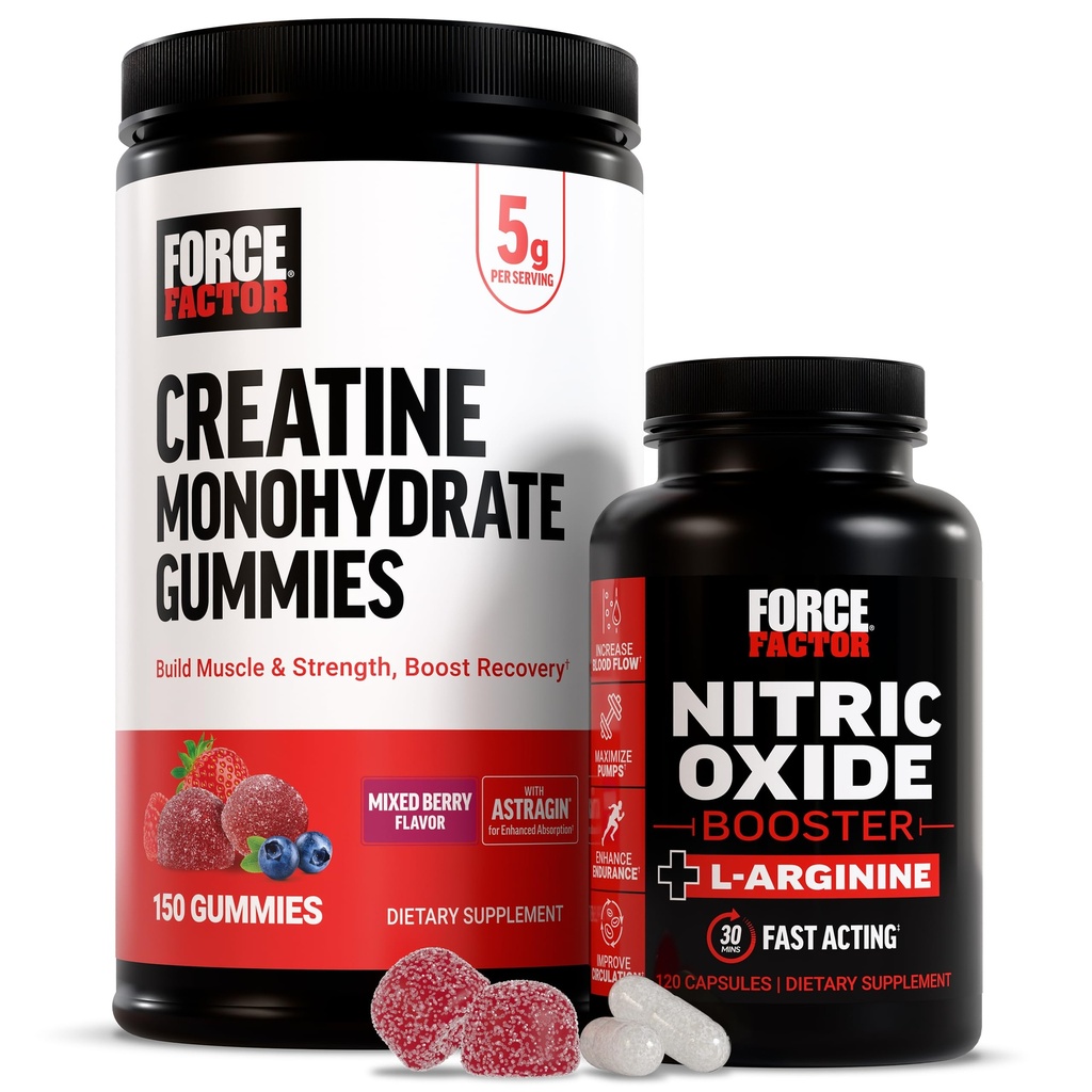Force Factor Creatine Gummies, 5 Grams Creatine Monohydrate, Mixed Berry, 150 Gummies, 30 Servings Nitric Oxide Booster, Fast- Bertindak Formula dengan L- Arginine, 120 Capsules