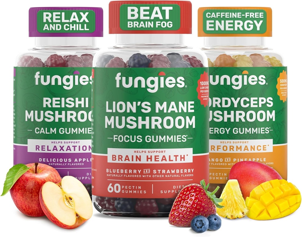 Fungies Mushroom Gummy 3-Pack Bundle, Lion 's Mane, Cordyceps & Reishi Gummies for Adults - Mumroom Gummies Supports Brain Health, Energy & Daily Wellness - 180 Servings