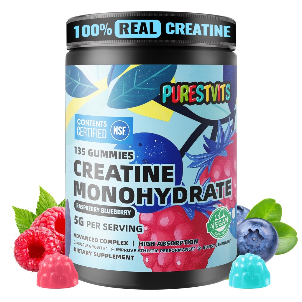 NSF Cerdened Creatine Gummy 5g - Creatine Monohydrate Gummies - Pre- Workout Energy & Muscle Growth for Men & Women & Women 124; Blueberry Raspberry Electrolite Gummies (135 Count)