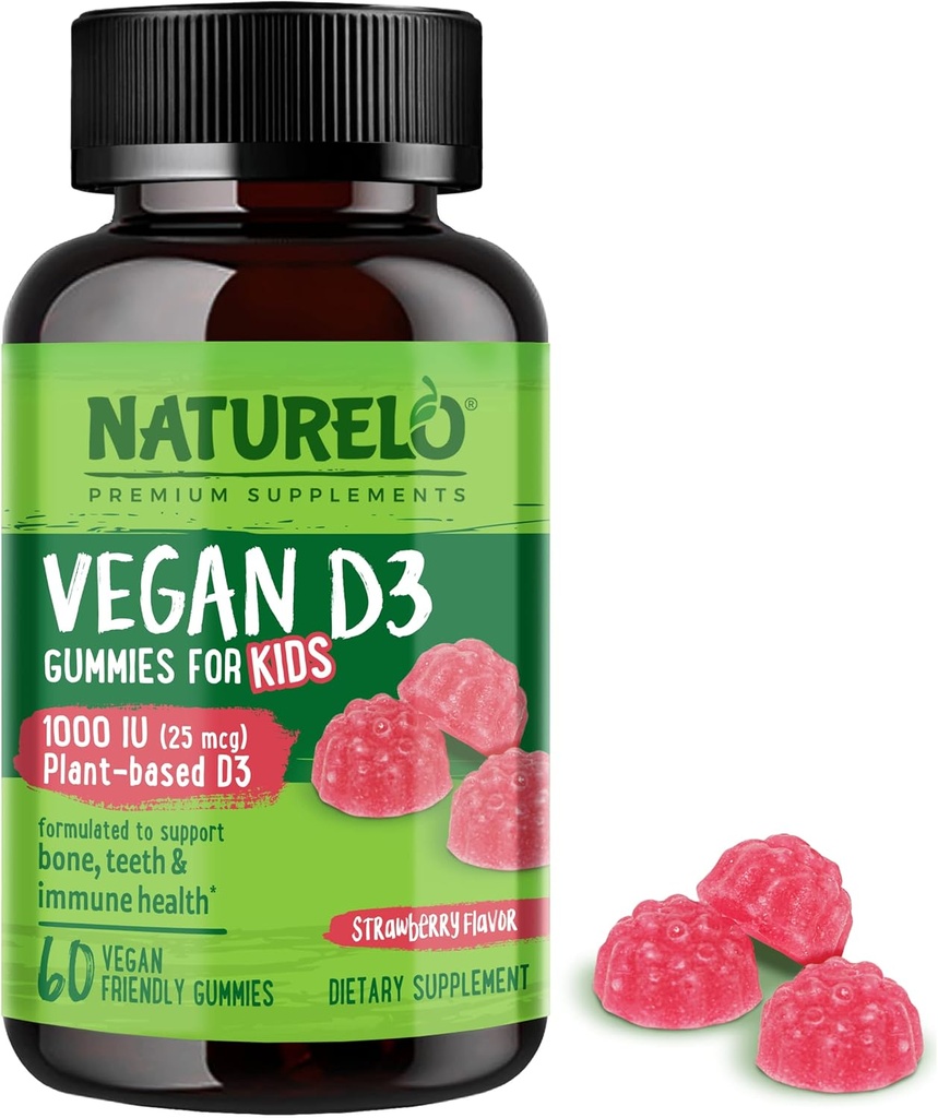NATURELO Vegan D3 Gummies for Kids - 1000 IU Vitamin D3 - Plant - Based Whole Food Suplemen untuk Anak 4 dan lebih tua - 60 Vegan - Friendly Gummies
