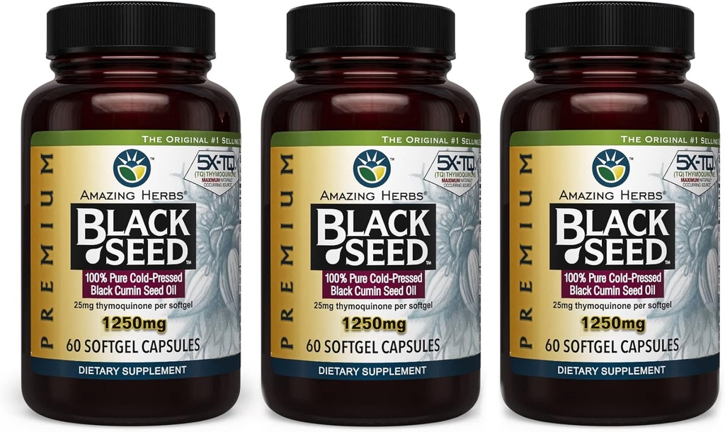 Amazing Herbs Premium Black Seed Oil Capsules - Potency High, Cold Menekan Nigella Sativa Aids in Digetical Health, Imune Dukungan & Fungsi Otak - 60 Count, 1250mg (Paket 3)