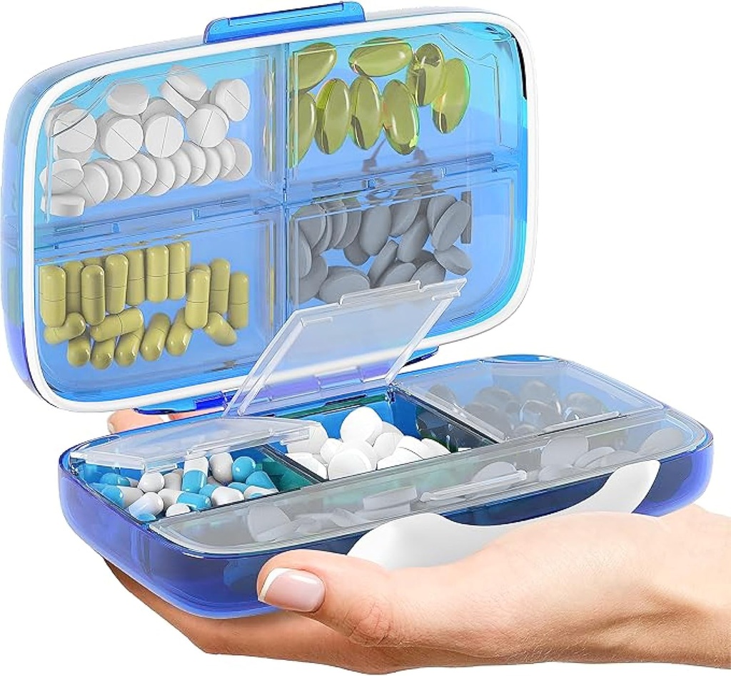Travel Pill Organizer - Kasus Kedokteran Airtight untuk Traveling Portable Pharmacy Box dengan Label Vitamin Container 8 Comment Medication Hoger Large Capacity Daily (Blue)