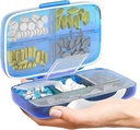 Travel Pill Organizer - Kasus Kedokteran Airtight untuk Traveling Portable Pharmacy Box dengan Label Vitamin Container 8 Comment Medication Hoger Large Capacity Daily (Blue)