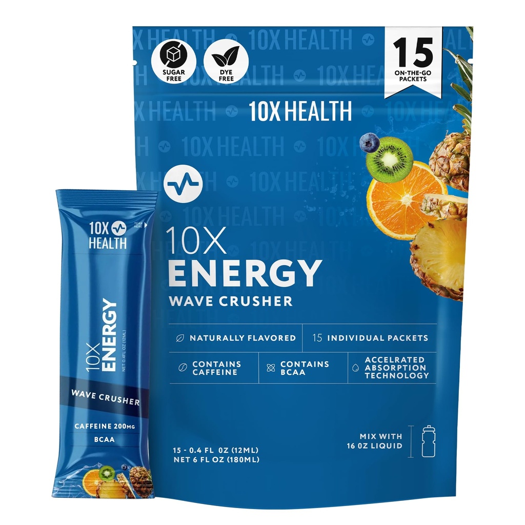 10X Health Wave Energy Crusher - Energy Drink with 200mg Caffeine, BCAAs, B Vitamin, Accelerated Absorpsi