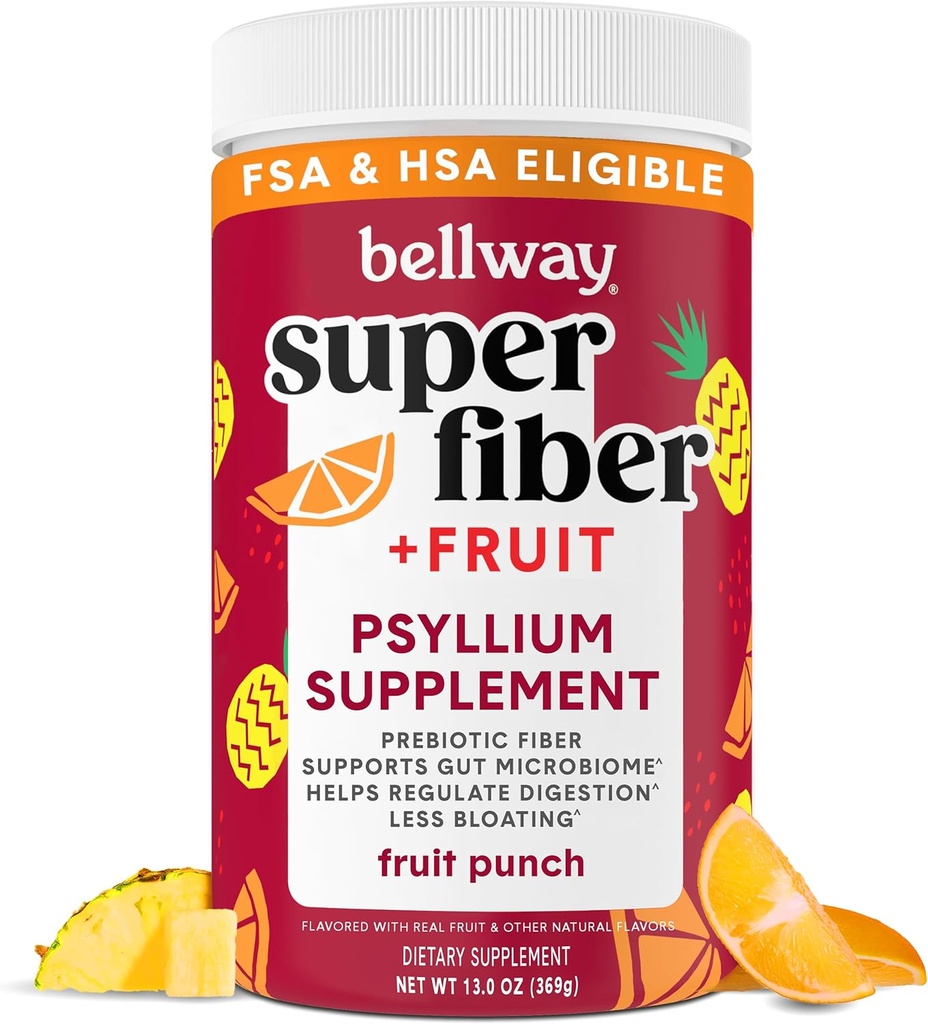 Bellway Super Fiber Powder + Fruit, Sugar Free Organic Psyllium Husk Powder Suplement for Regularitas, Bloating Relief & Digetical Health, Plant - Based, Fruit Punch (50 Servings)