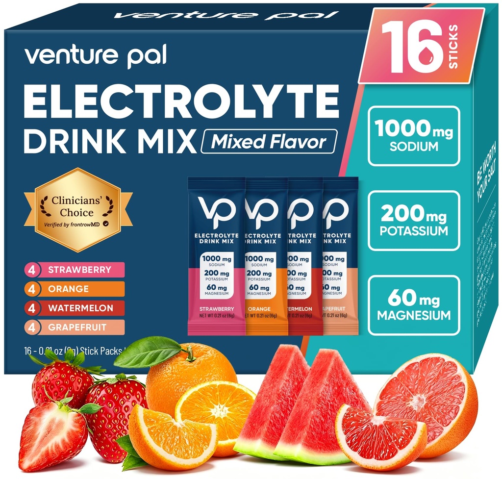 Sodium Venture Pal High Sugar Free Electrolytes Powder Packet - Paket Hidration dengan Vitamin, Sodium & Potasium 124; Zero Calories 124; Vegan, Keto & Paleo Friendly Electrolite Drink - 16 Sticks