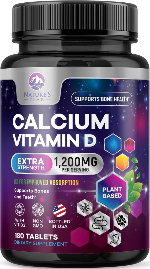 Kalsium 1200 mg dengan Vitamin D3, Calcius Tambahan Vitamin, Bone, Teeth & Imune Health Support, Calcium Suplemen D untuk Perempuan & Men, Nature 's Absorbable Calcium Carbonate - 180 Tablet