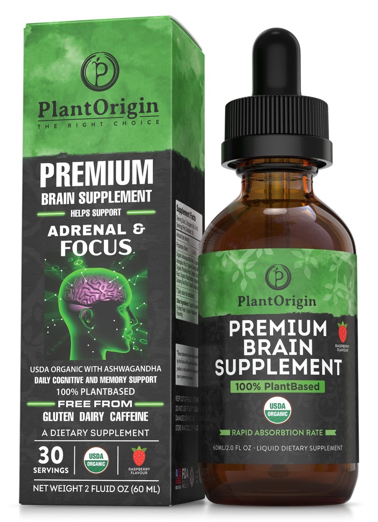 PLANTORIGIN- USDA Oporic Liquid Suplement - Plant-Based Nootropic Drops for Focus, Memory & Mental Clarity - Vegan, Non-GMO, Caffein- Free, Ashwagandha, Ginseng, Ginkgo, Rhodiola - dibuat di USA