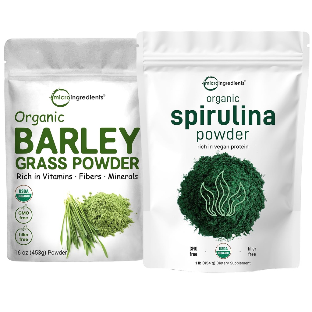 Mikro Ingredians Organic Spirulina Powder 1lb & Organic Barley Grass Powder 16oz Bundle 2 Bundle 124; Raw Superfoods 124; Kaya dalam Vegan Protein, Fiber, Mineral, & Vitamin