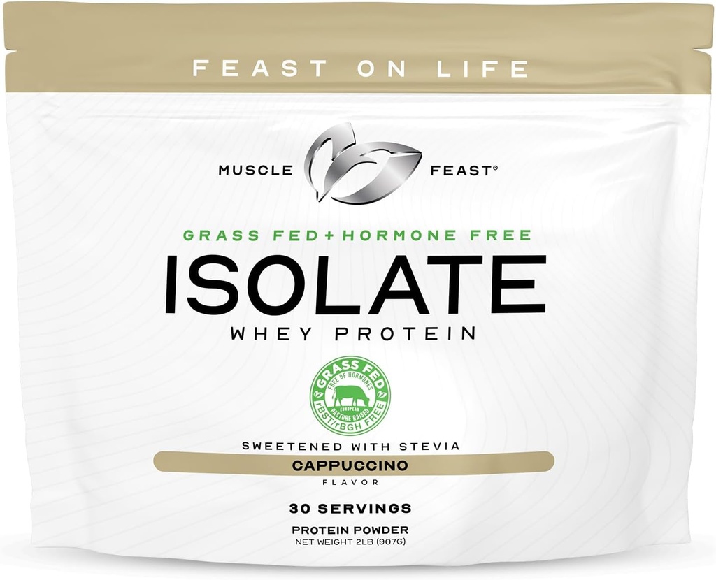 Muscle Feast Grass- Fed Whey Protein Isolat Isolasi Protein Bebas, Whiy Isolate Powder untuk Pria dan Wanita, Bersih, Bebas, Delicious Isolate Protein - Cappuccino, 2lb