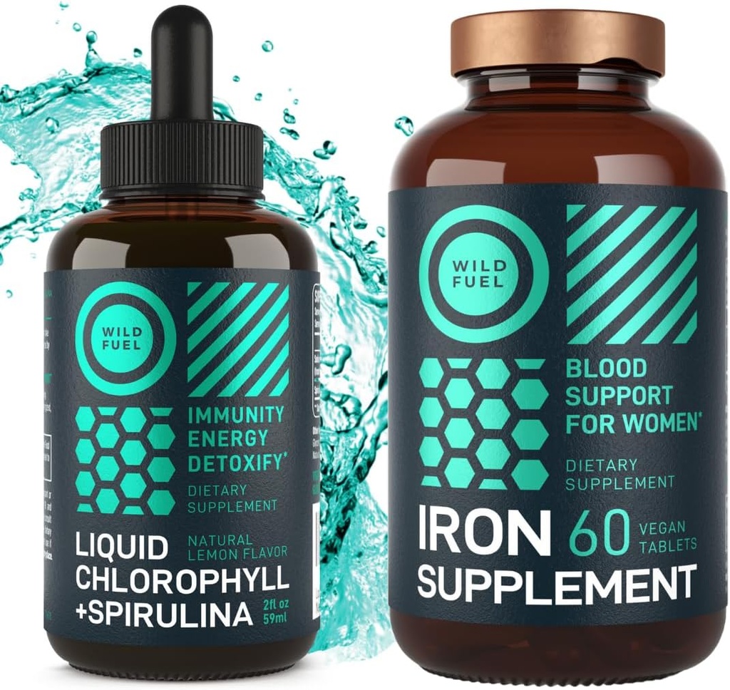WILD FUEL Iron Tablet for Women with Folic Acid and Liquid Chlorophyll with Spirulina Women Health and Detox Bundle