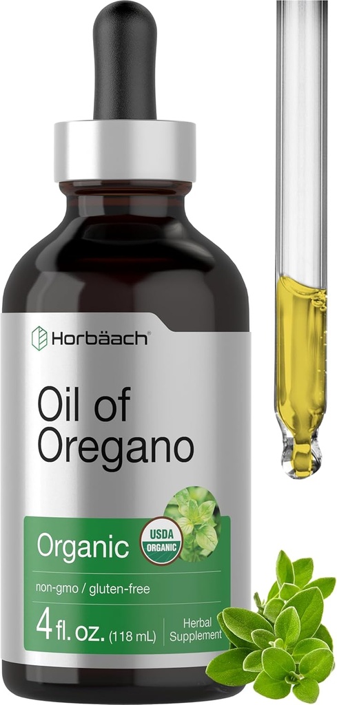 Horbäach Organic Oil dari Oregano Drops 4 fl oz Liquid 124; Vegan 124; Non-GMO, Gluten Free