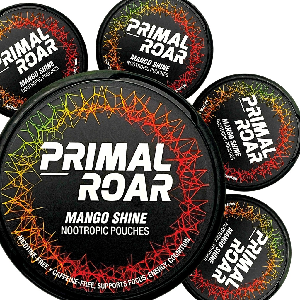 Primal Roar Mangga Shine - Stimulant Free Deep Focus Nootropics Pouches 126; Lion 's Mane + Cognizin cidenine + Huperzine A 124; Nicotine dan Caffeine- Free 124; 20 Pouches Per Can (100 Total dalam 5- Pack)
