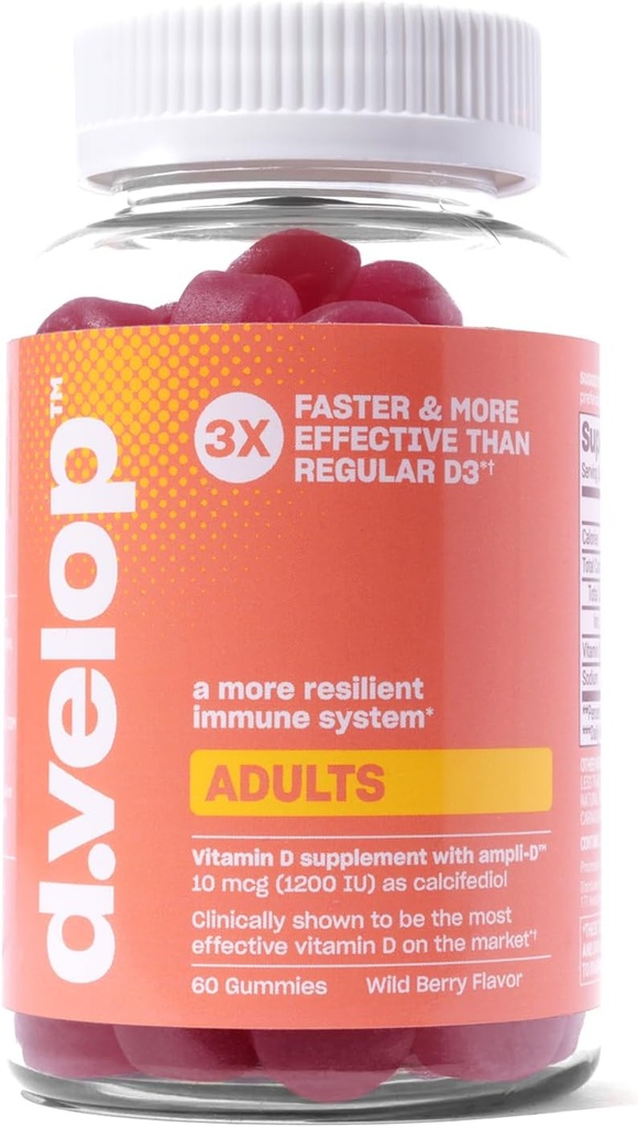 dvelop Vitamin D Gummies for Dewasa - 1200 IU, 10 mcg - Potamine Tinggi D3 Gummies -Imune Dukungan, Bone & Heart Health - 3X Lebih Cepat & Lebih Efektif - New Formula, Wild Berry Flavor 60
