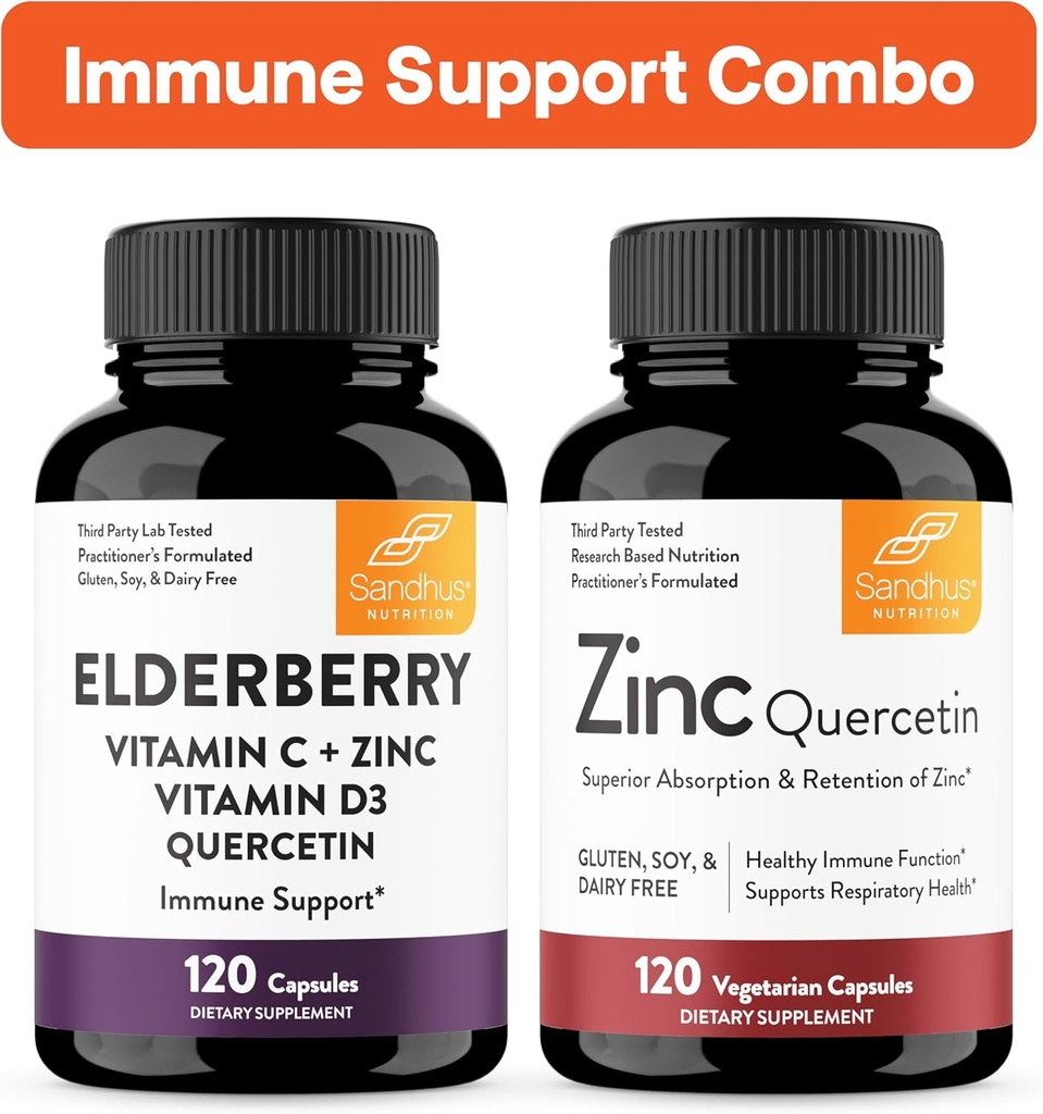 Dukungan kekebalan Sandhu Combo 124; Elderberry & Zinc Quercetin Capsules Bundle 124; Mendukung Kesehatan Imune