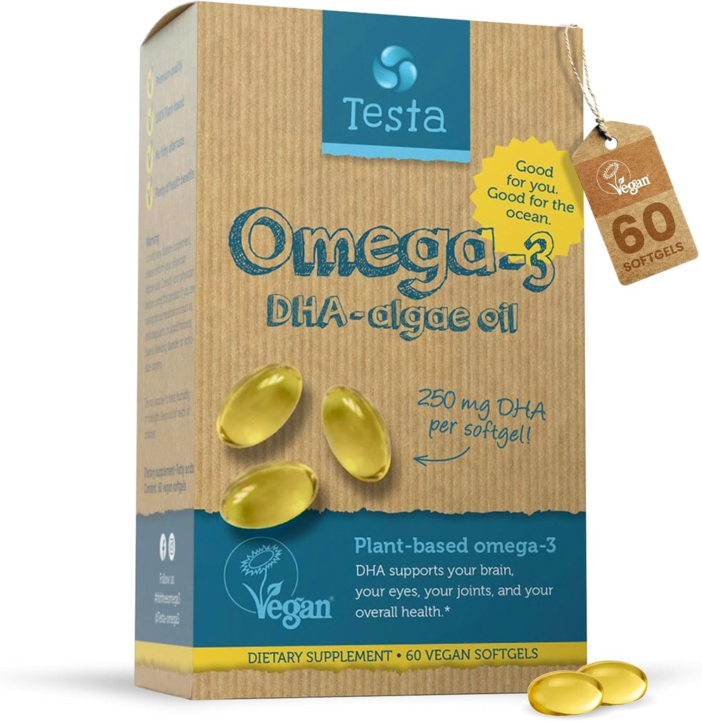 Tambahan Testa Omega 3 - 250mg DHA dari Algae Oil - Vegan Omega 3 - Menyediakan Otak, Mata & Gabungan Kesehatan - bukan dari Fish, Pure Algae Kapsul - Dua Bulan Supply