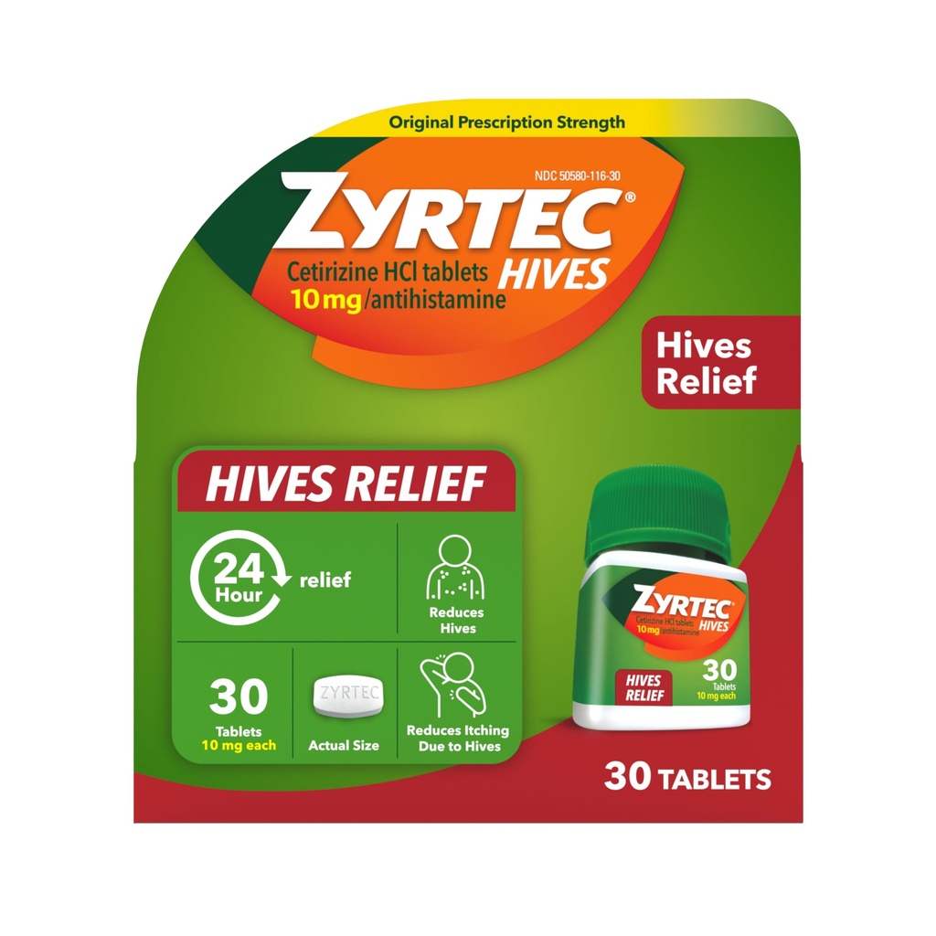 Zyrtec 24 Hour Hives Relief Tablet Relief, 10 mg Cetirizine HCl Tablet untuk Membantu Mengurangi Hives & Mengurangi Gatal Karena Hives, Bible Antihistamin untuk Itch Relief & Perawatan Urtikaria, 30 ct
