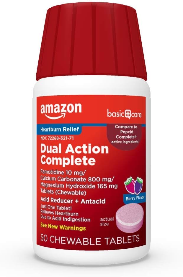 Aksi Dual Basic Care Complete, Reducer Acid Chewable Plus Antax Tablet, Berry Flavor, Heartburn Medicine, Acid Intervention Relief, 50 Count