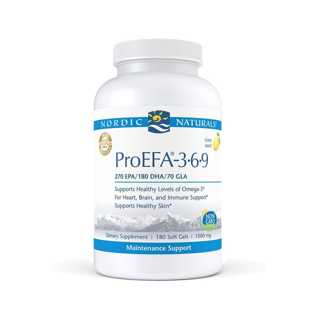 Nordic Averal ProEFA 3-6-9, Lemon Flavor - 180 Soft Gels - 565 mg Omega-3 - EPA & DHA dengan Added GLA - Skin sehat, Cognition, & Positive Mood - Non-GMO - 90