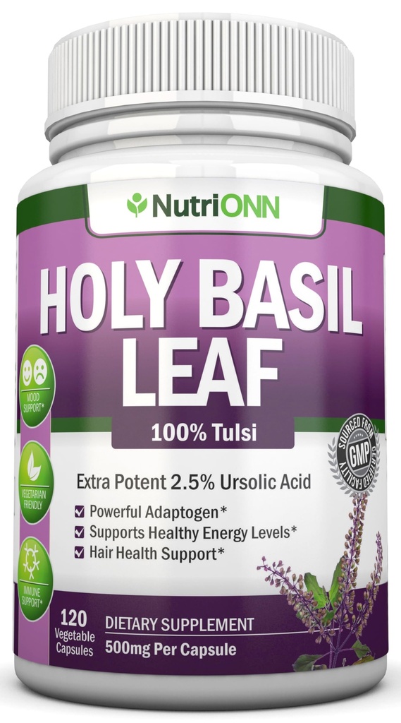 Holy Basil Leaf Capsules - 500mg - 2,5% Acid Ursolic - 120 Vegan Capsules - Real Tulsi Extract Supplement - Positive Mindset - Adaptogenic & Ayurvedic Herb