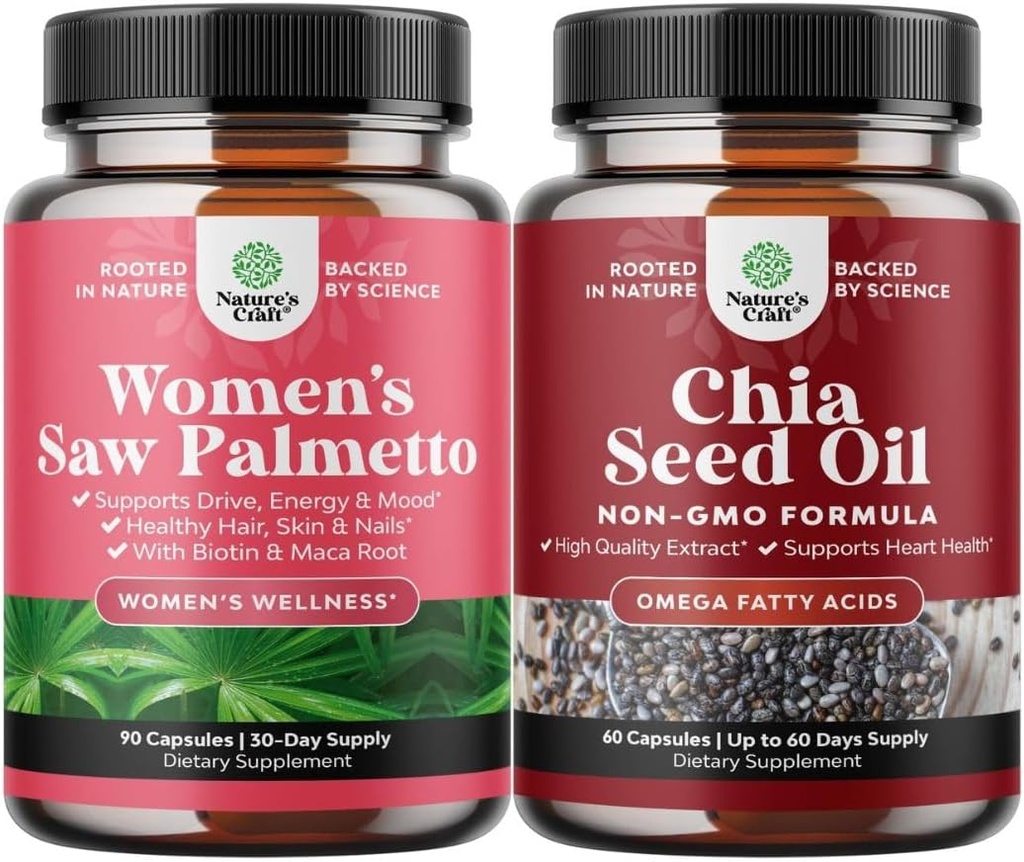 Bundle of Extra Strength Saw Palmetto for Women and Chia Seed Oil Extract Capsules - Stronger Thicker Faster Growth Vitamin - Plant Based Omega 3 6 9 Supplemen dan Daily Fiber Capsules