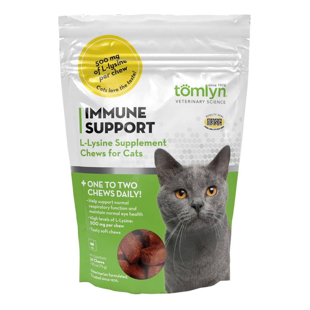 Tomlyn Immune Dukung Tambahan Harian L- Lysine, Fish- Flavared Lysine Chews untuk Kucing dan Kittens, 30ct