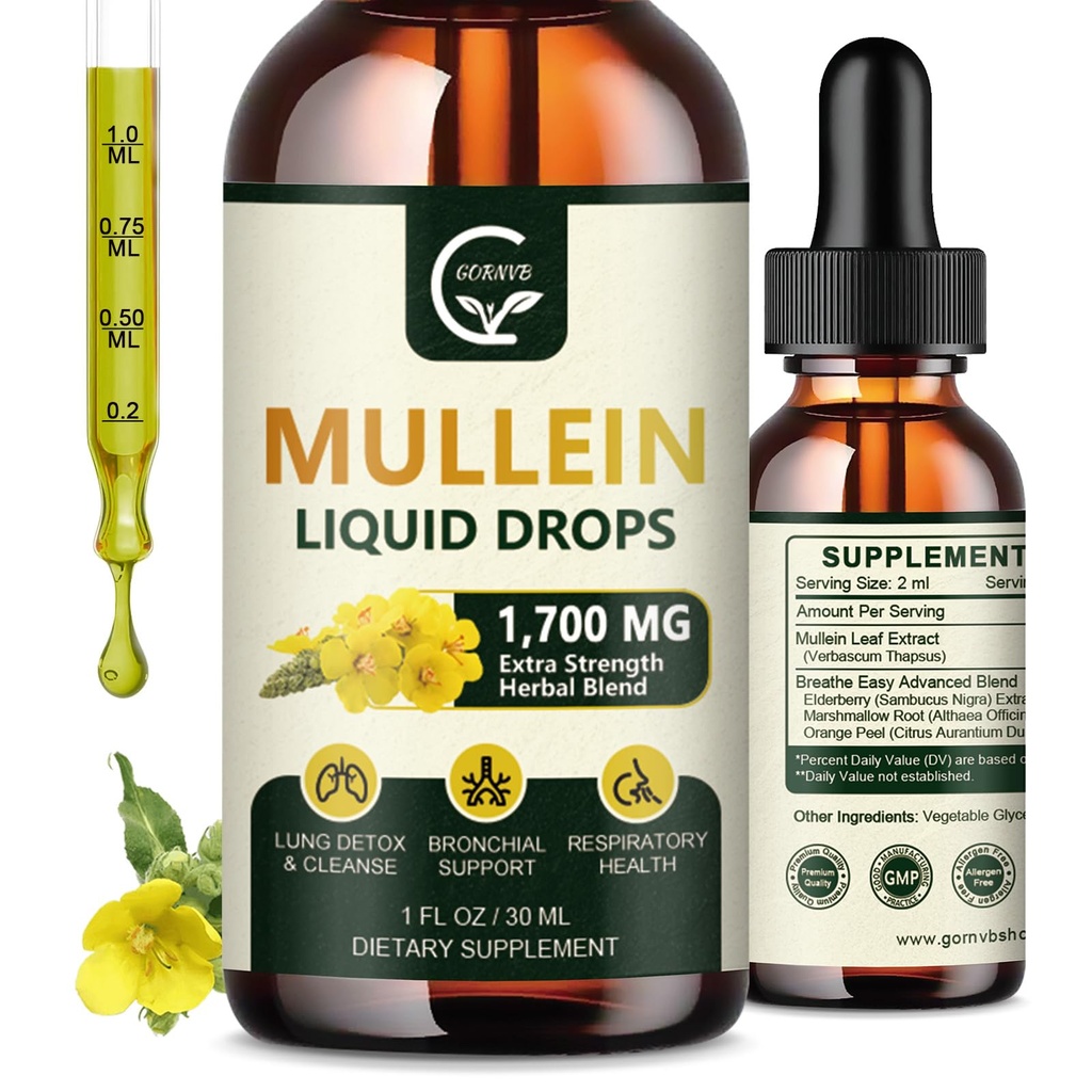 (2 Pack) Mullein Drops for Lungs - Lungs Cleanse dan Respiratory Dukungan, 4 yang kuat dalam 1 Mullein Leact dengan Elderberry, Marshmallow Root dan Peel Orange untuk Dukungan Bronchial, 1 Fl Oz