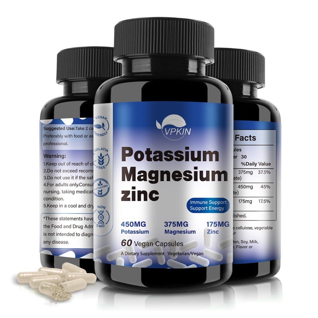 Tambahan Potasium Magnesium 1000mg, Potasium Magnesium Zinc untuk Kram Kaki, Kompleks Magnesium Absorpsi Tinggi, Vegan (60 Kapsul)