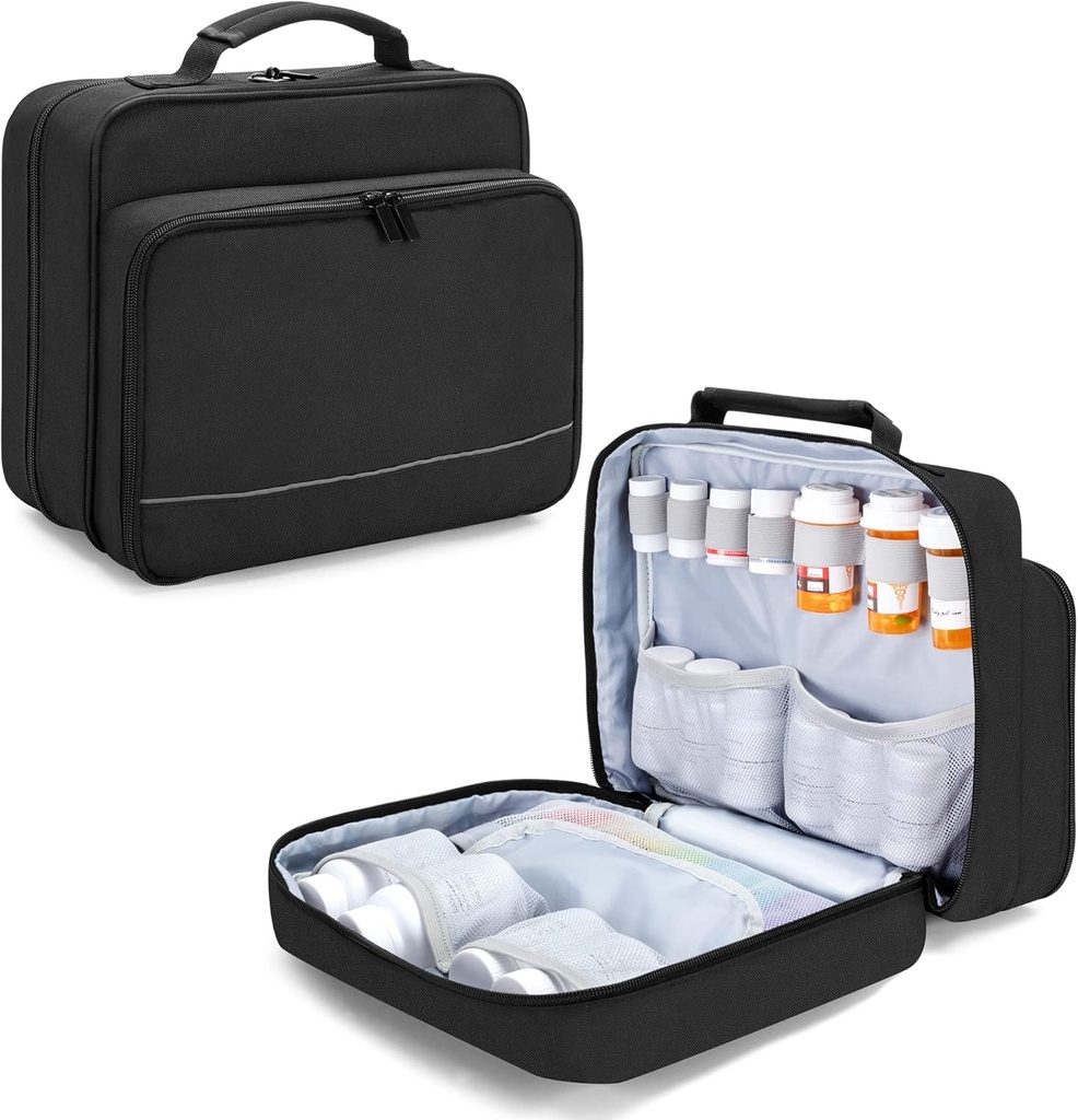 Damero Pill Bottle Organizer, Medicine Bottle Travel Bag Medication Casing for Pill Organizer, Vitamin, Suplemen Medis, Black, Paten Design